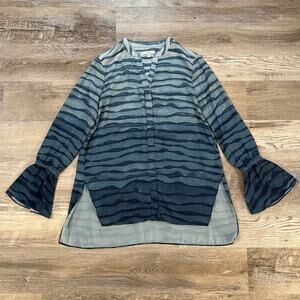 Halston XS Watercolor Stripe Blouse Tunic Top Bell Sleeve Poet Vibe Artsy Layer